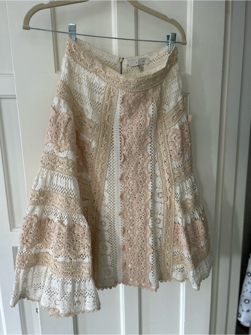 Boho Lace Tiered Midi Skirt in Cream and Beige from Anthropologie